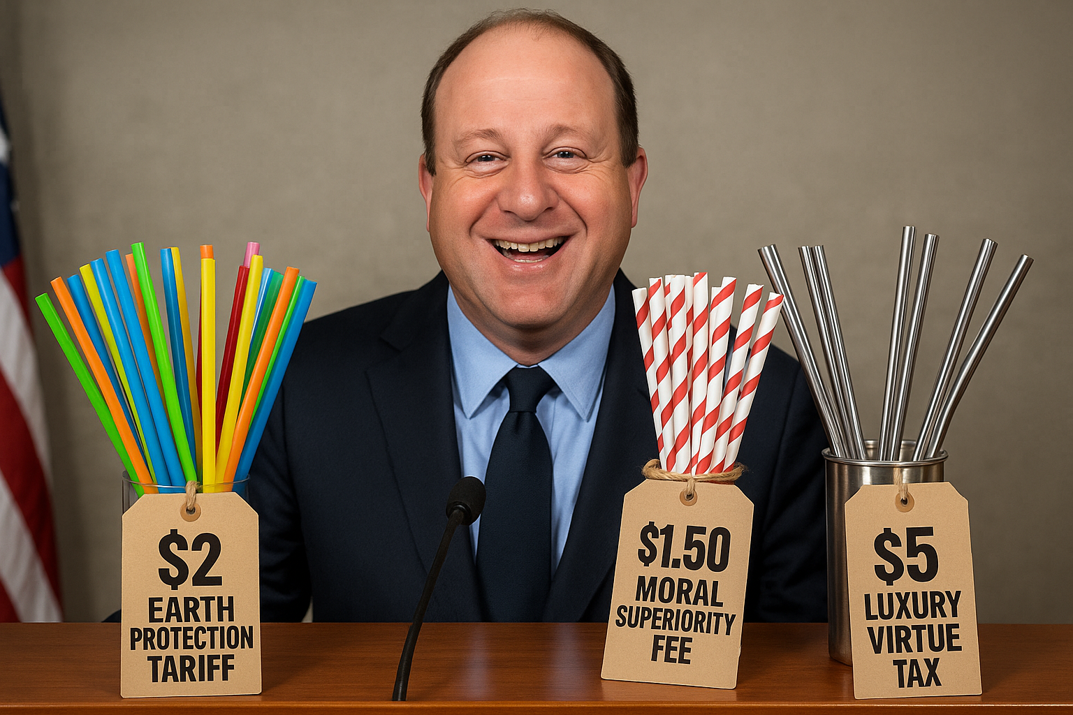 Come up with a Babylon Bee style photorealistic picture in 4:3 aspect for this story: Colorado Slaps Tariffs on Plastic Straws, Then Adds a Surcharge for Paper Ones Just to Teach You a Lesson